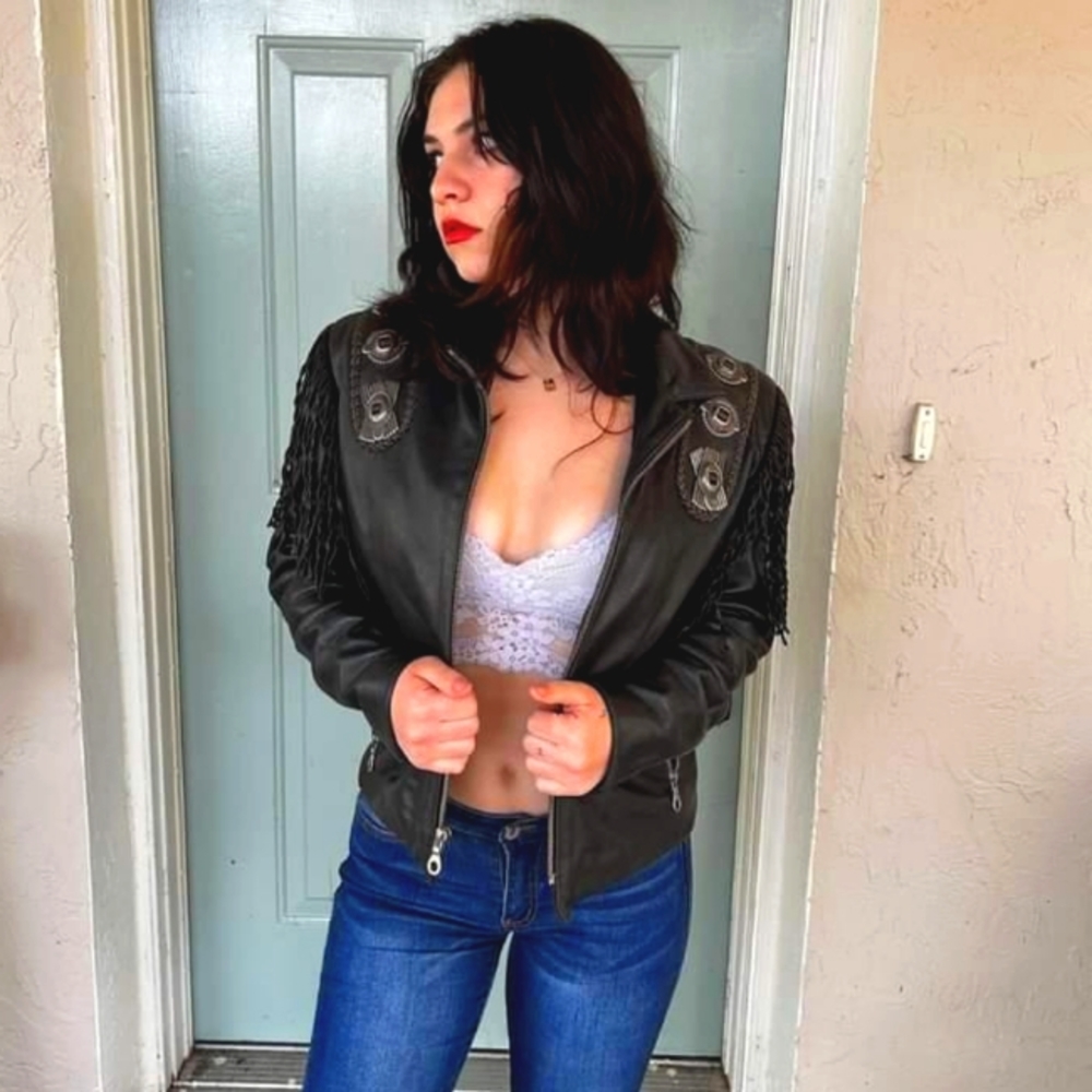 Vintage leather Milwaukee fringe biker jacket small black leather. Boho western